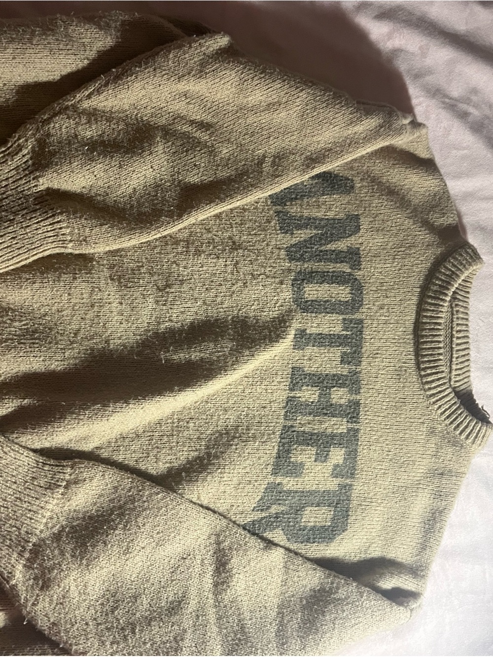 Womens Beige Crewneck Sweater with Graphic Text